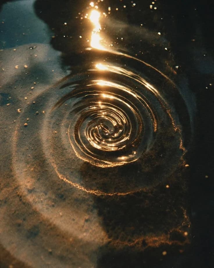 Golden ripples spreading across dark, still water