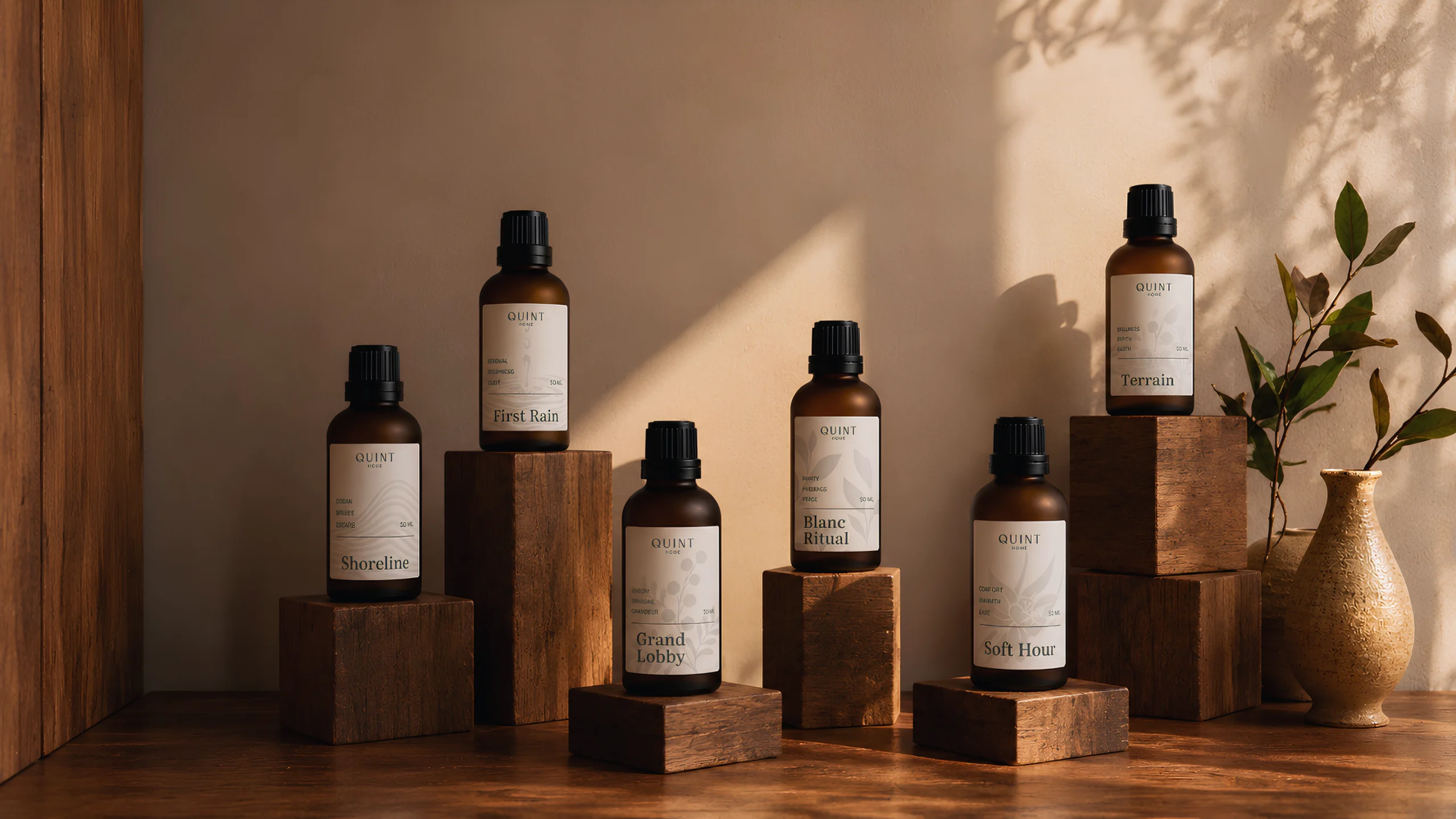 The Quint fragrance oils — Shoreline, First Rain, Grand Lobby, Blanc Ritual, Soft Hour and Terrain — on wooden plinths