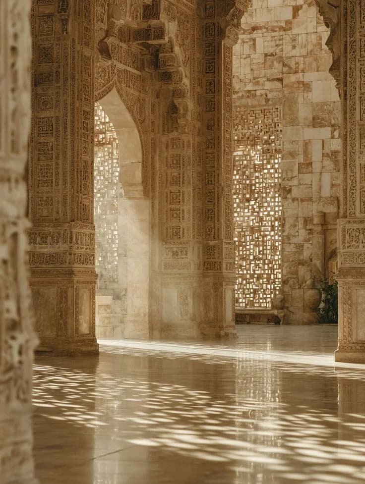 Sunlight pooling along a sandstone colonnade