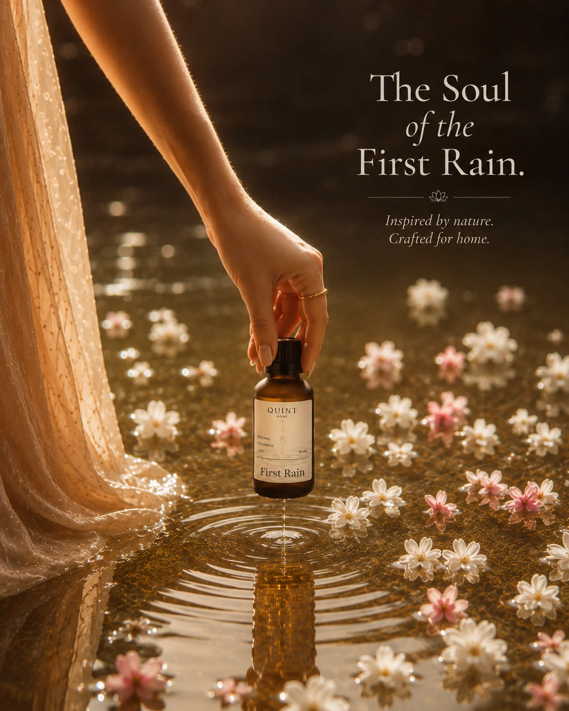 The Soul of the First Rain — a hand lowering the Quint First Rain oil into flower-strewn water