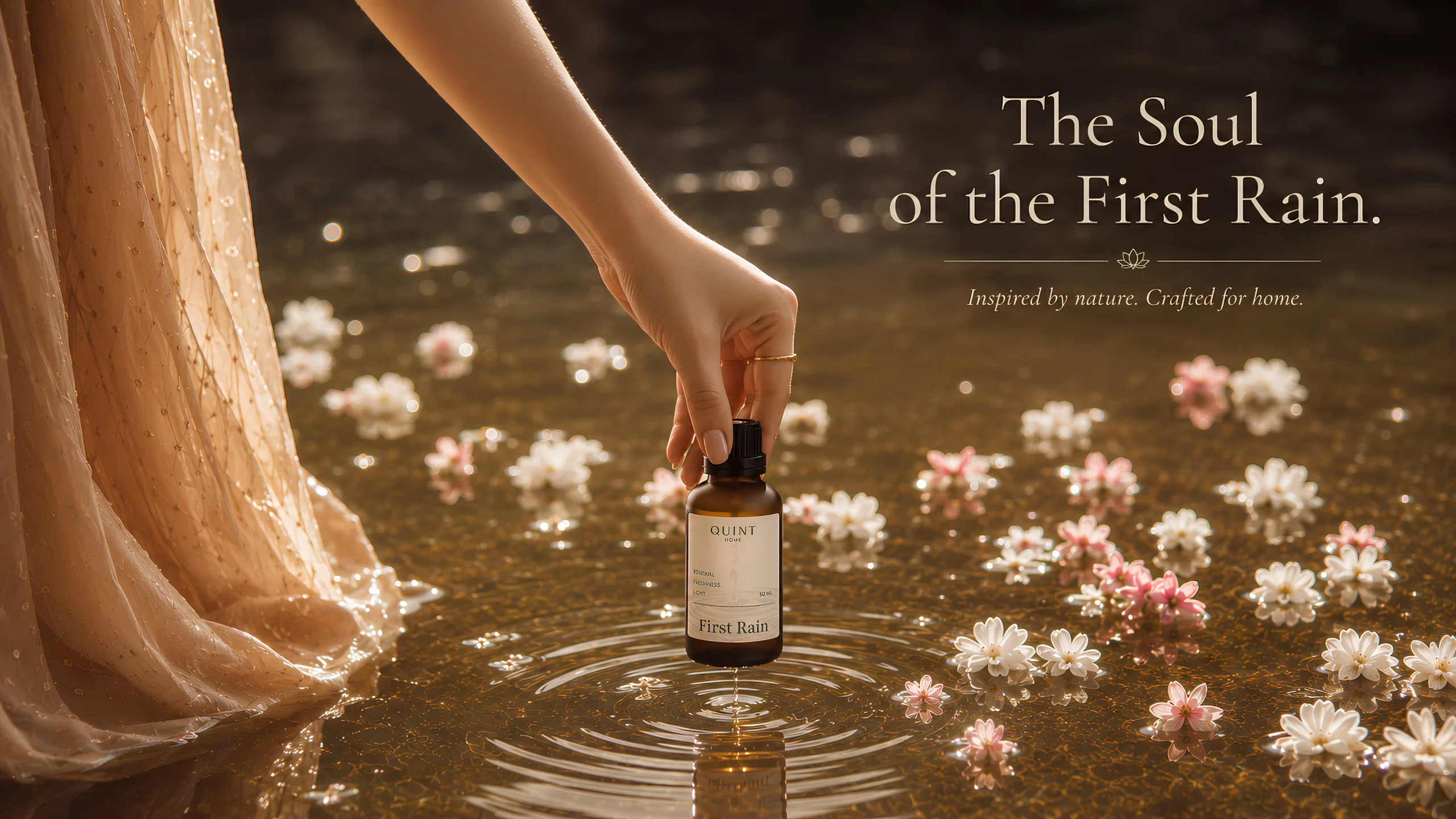 The Soul of the First Rain — a hand lowering the Quint First Rain oil into flower-strewn water