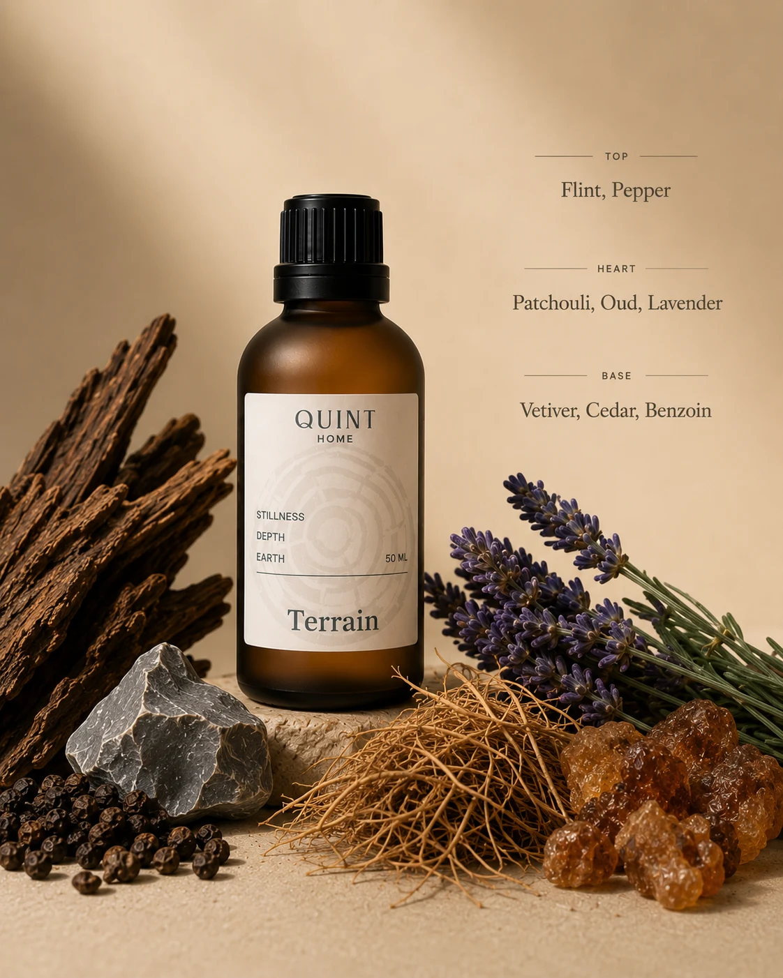 Quint Terrain oil with its raw materials — driftwood, lavender, flint, peppercorn and resin — and its top, heart and base notes