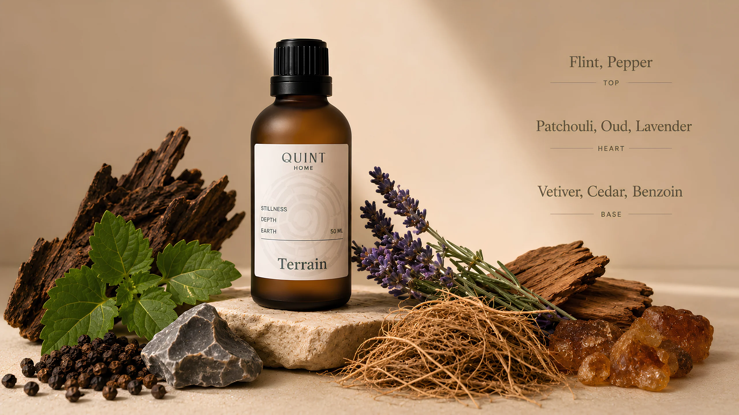 Quint Terrain oil with its raw materials — driftwood, lavender, flint, peppercorn and resin — and its top, heart and base notes